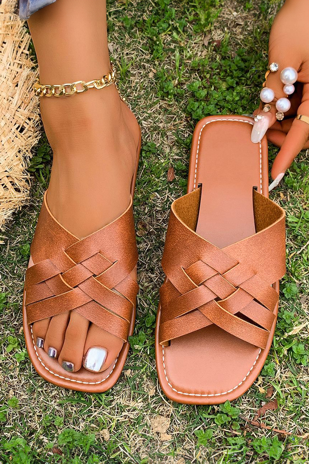 Coffee Crossed Woven Faux Leather Flat Fashion Slippers - loveforevers