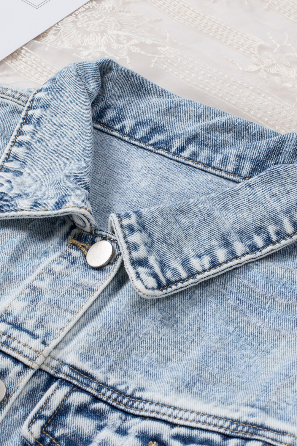Sky Blue Lapel Distressed Raw Hem Buttons Denim Jacket - loveforevers
