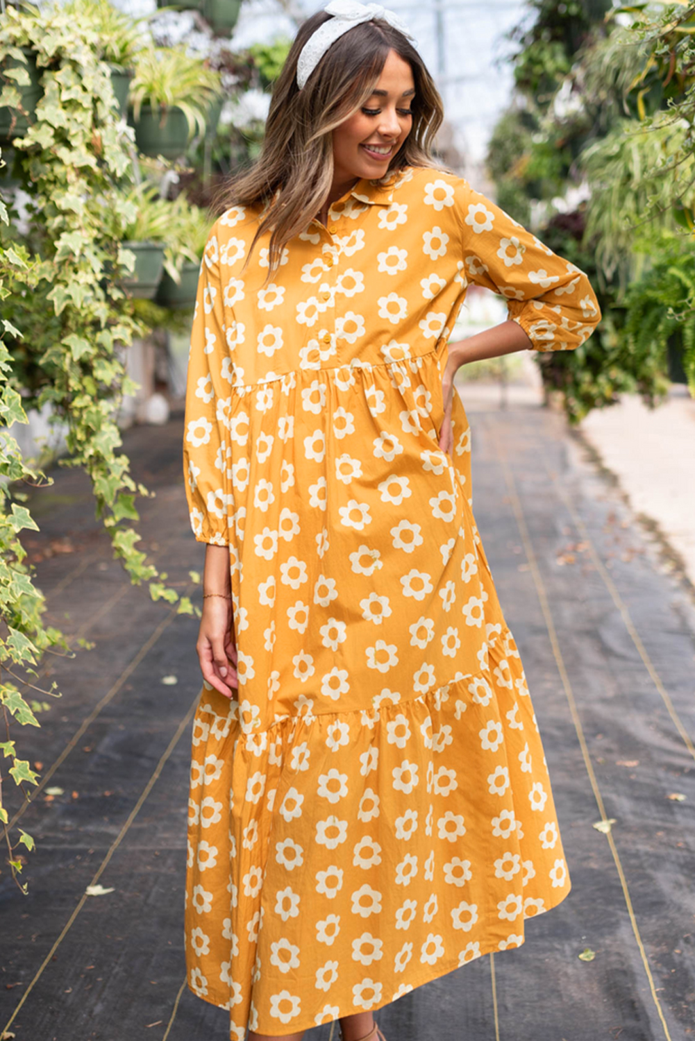 Yellow Flower Print Bracelet Sleeve Buttons Collared Maxi Dress - loveforevers