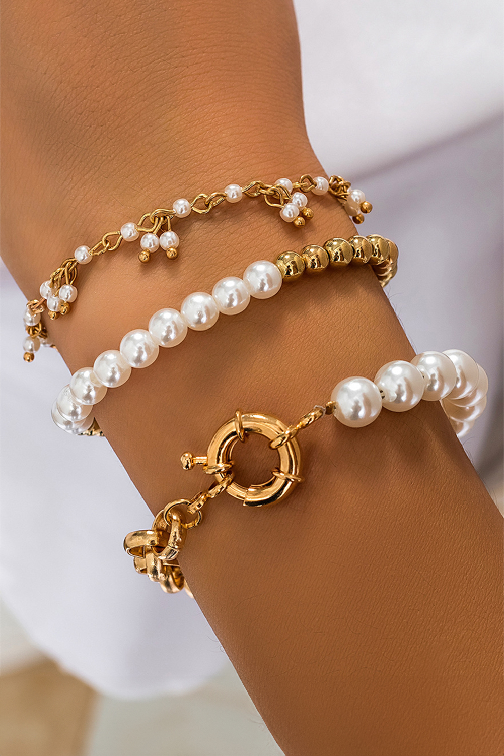 Gold 3pcs Pearl Plated Alloy Beaded Bracelet Set - loveforevers