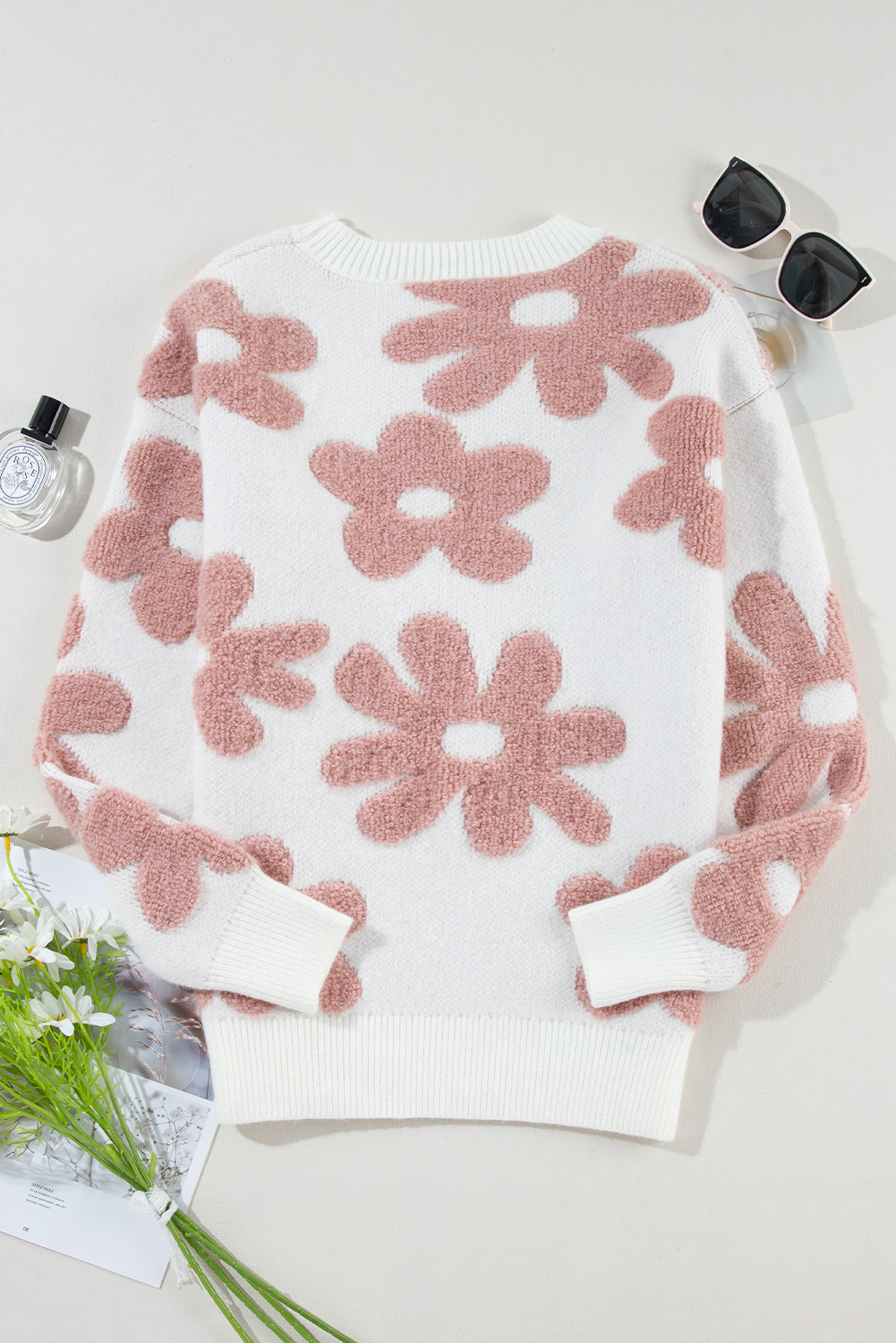 White Textured Flower Drop Shoulder Loose Sweater - loveforevers