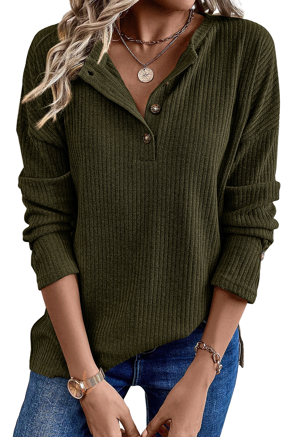 Jungle Green Rib Textured Henley Knit Top - loveforevers