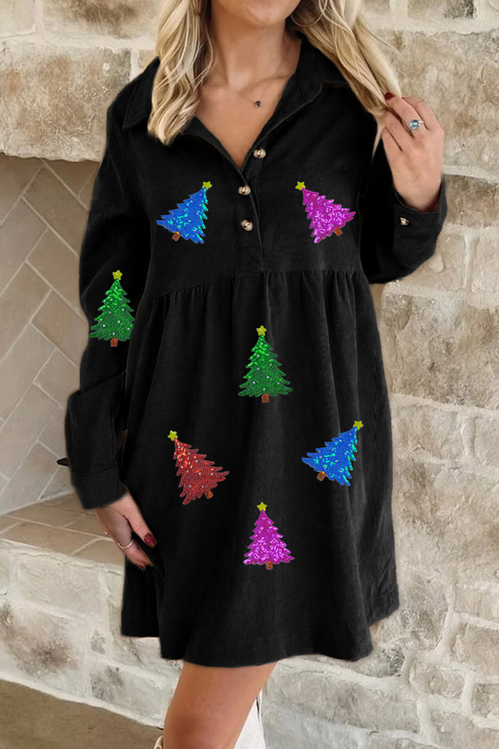 Black Shimmer Christmas Tree Patched Patterned Half Buttons Long Sleeve Dress - loveforevers