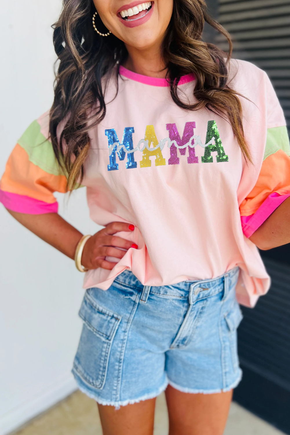 Pink Sequin MAMA Letter Graphic Color Block Patchwork Sleeve Tee - loveforevers