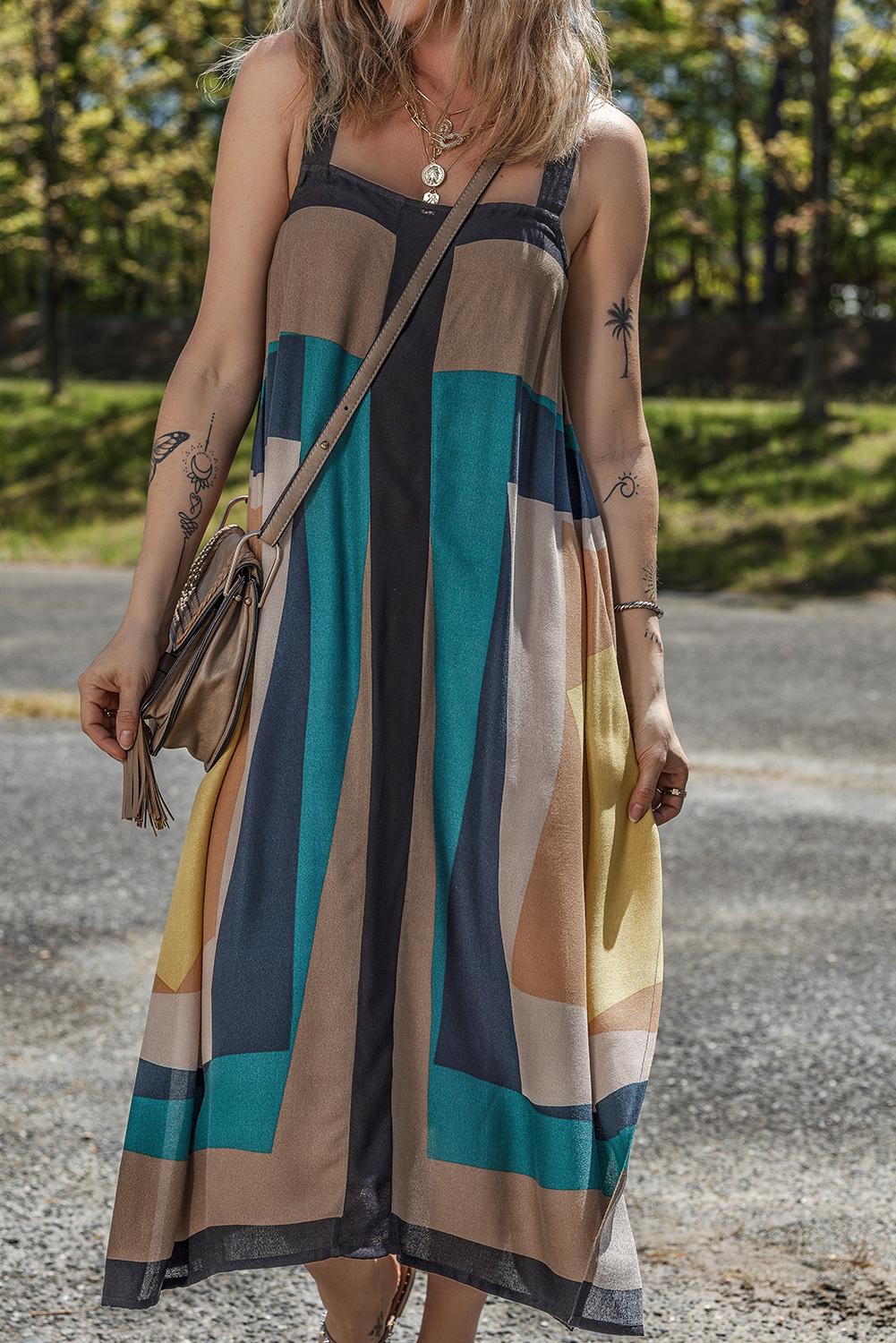 Brown Retro Geometric Printed Y Back Sleeveless Dress - loveforevers