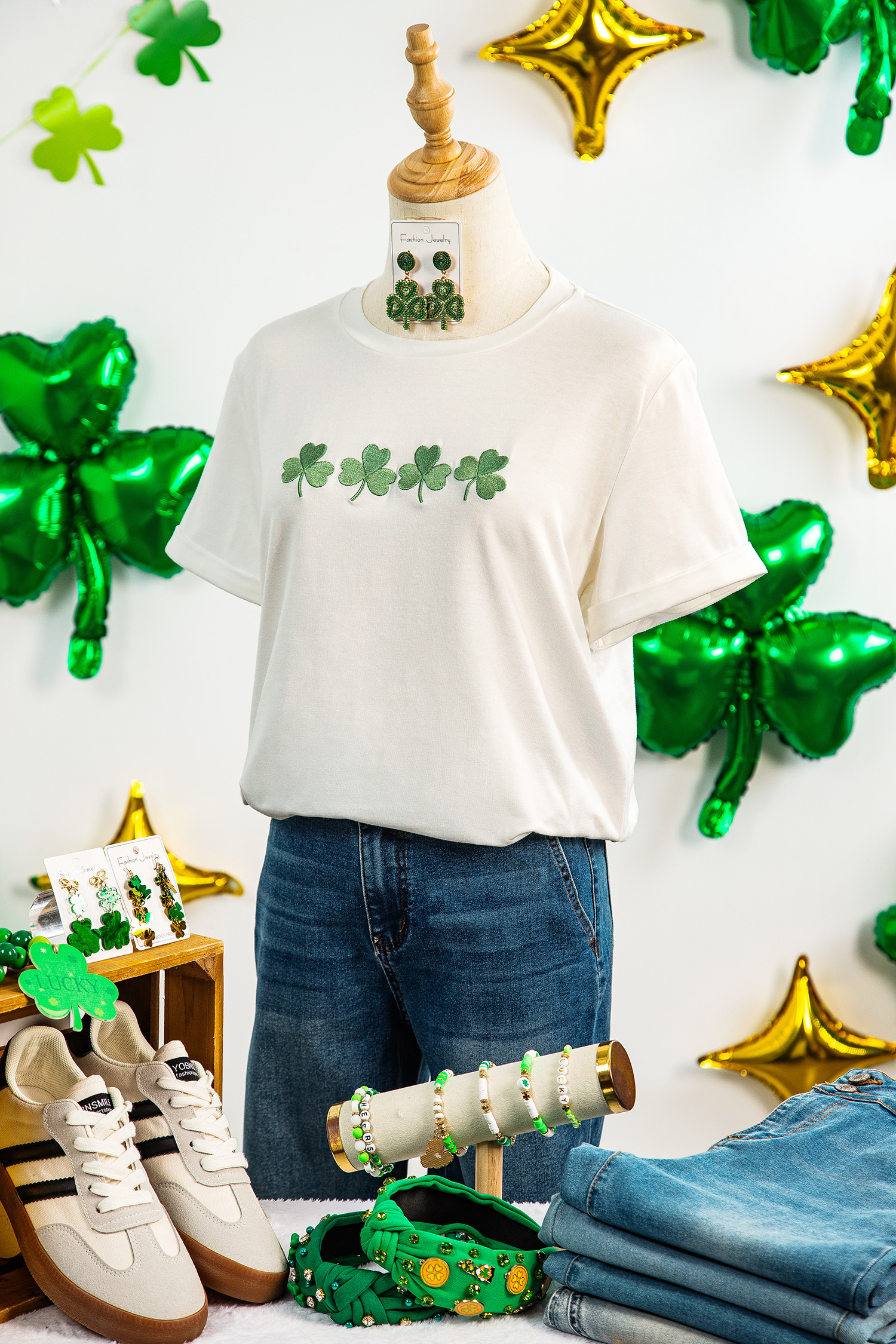 White Embroidered Clover St Patricks Fashion Graphic Tee - loveforevers