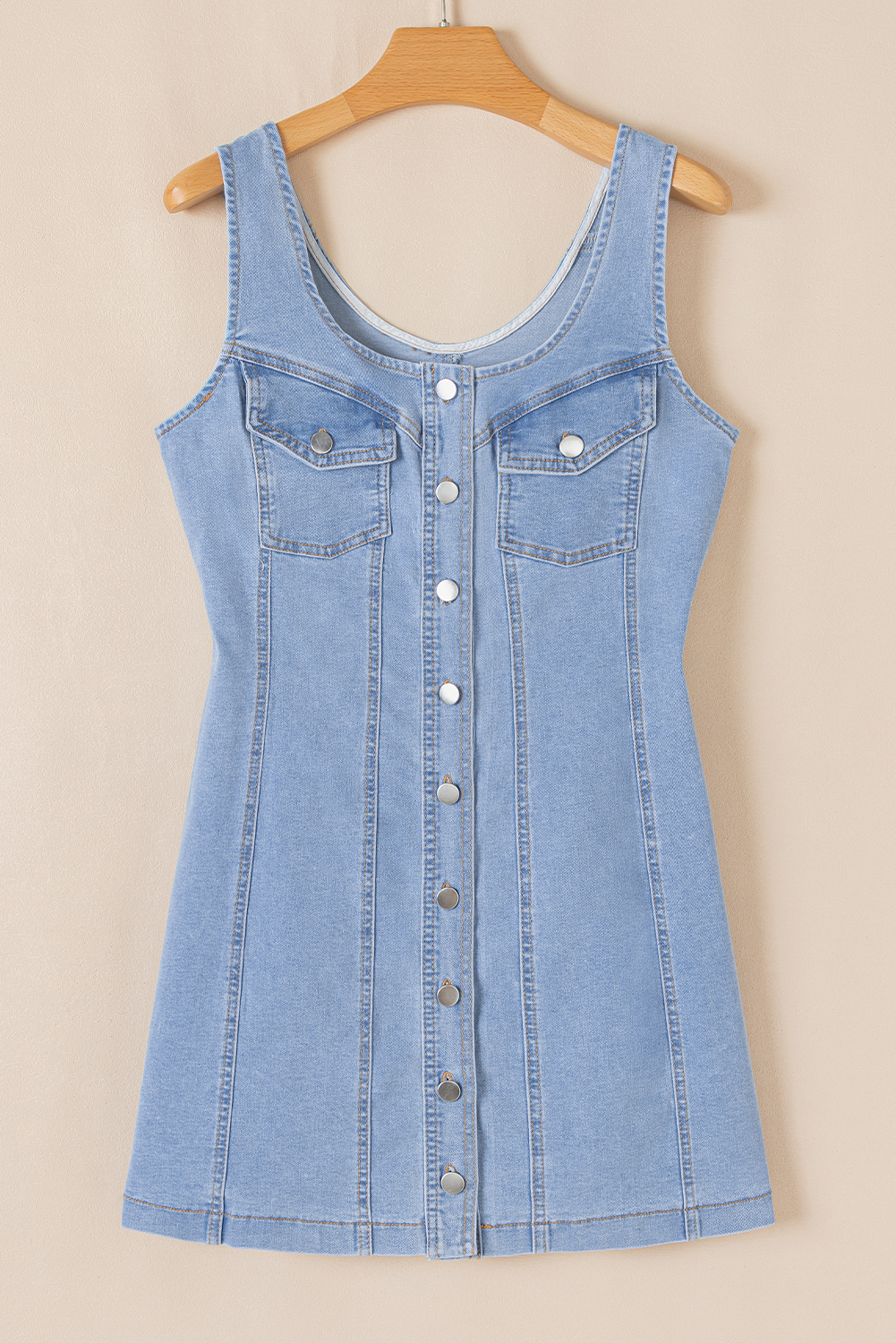 Beau Blue Light Wash Denim Buttoned Front Chest Pockets Sleeveless Slim Mini Dress - loveforevers