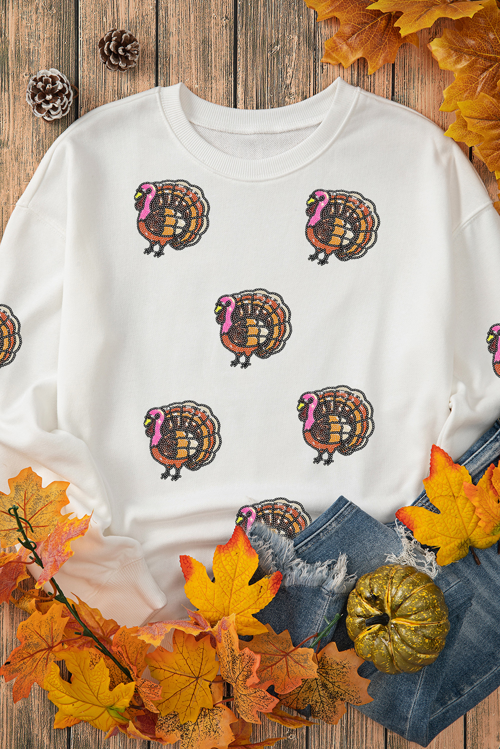White Thanksgiving Turkey Sequin Patched Pullover Sweatshirt - loveforevers