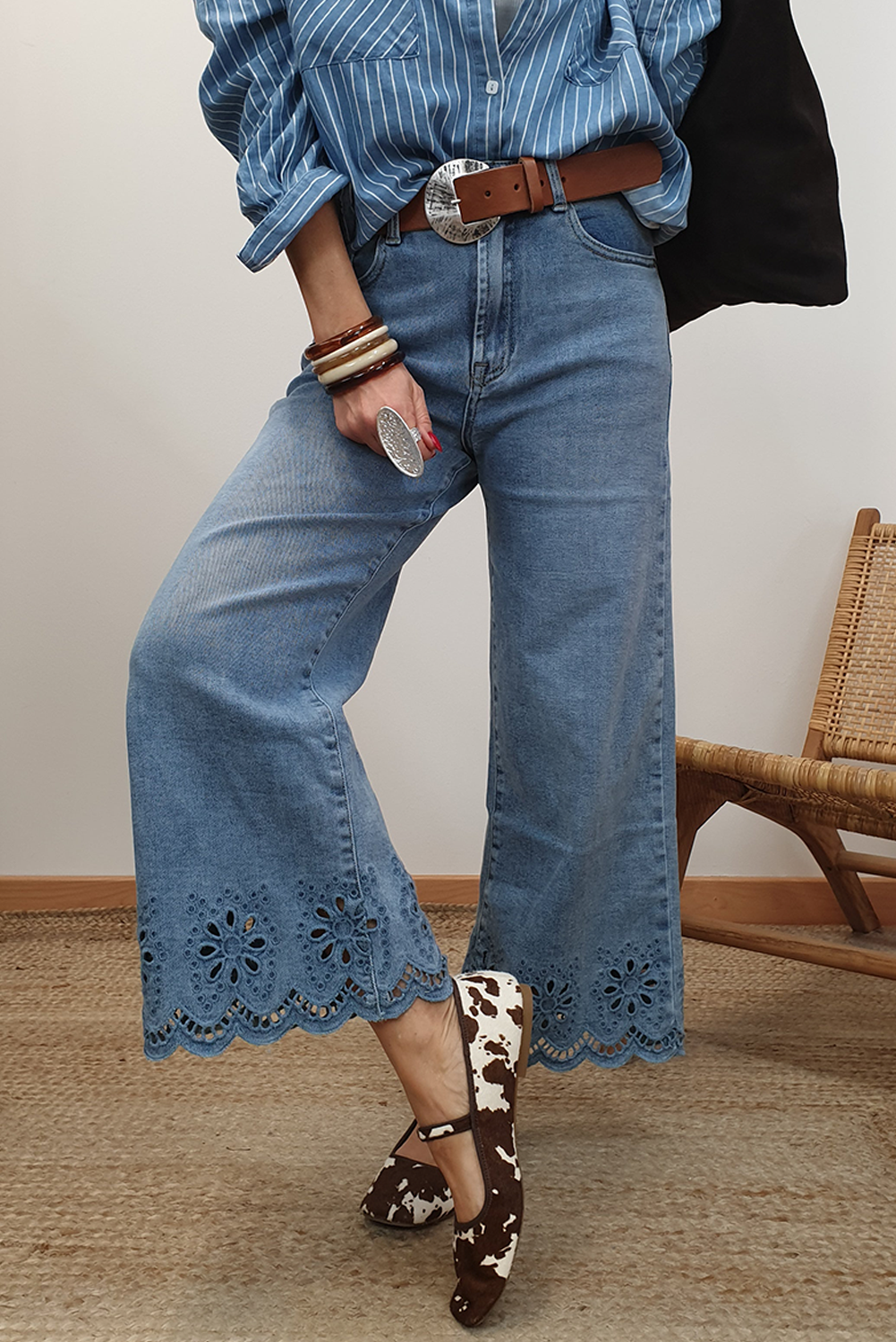 Dusk Blue Embroidered Cropped Wide Leg High Waist Jeans - loveforevers