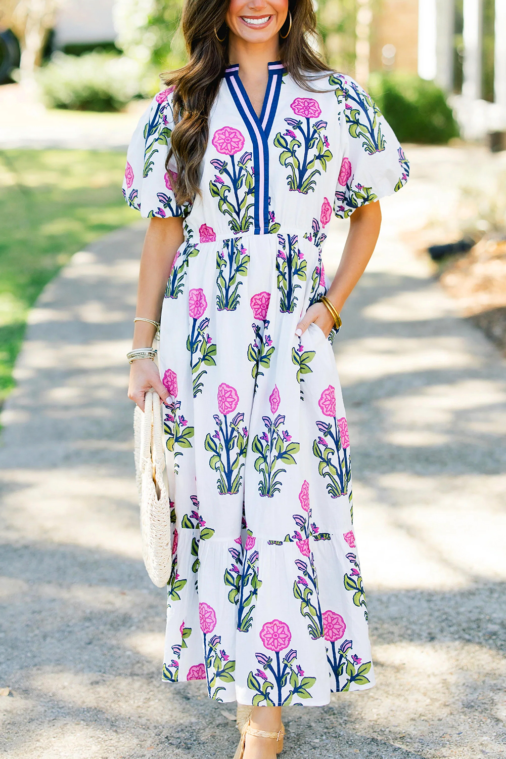 White Floral Puff Short Sleeve V Neck High Waist Maxi Dress - loveforevers