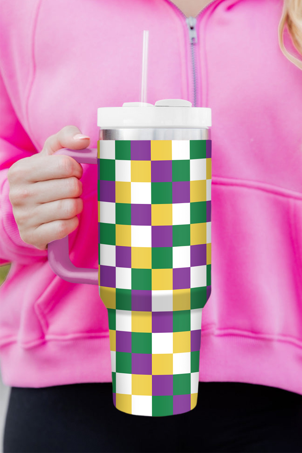 Tillandsia Purple Checkered Print Handle Large Vacuum Cup 40OZ - loveforevers