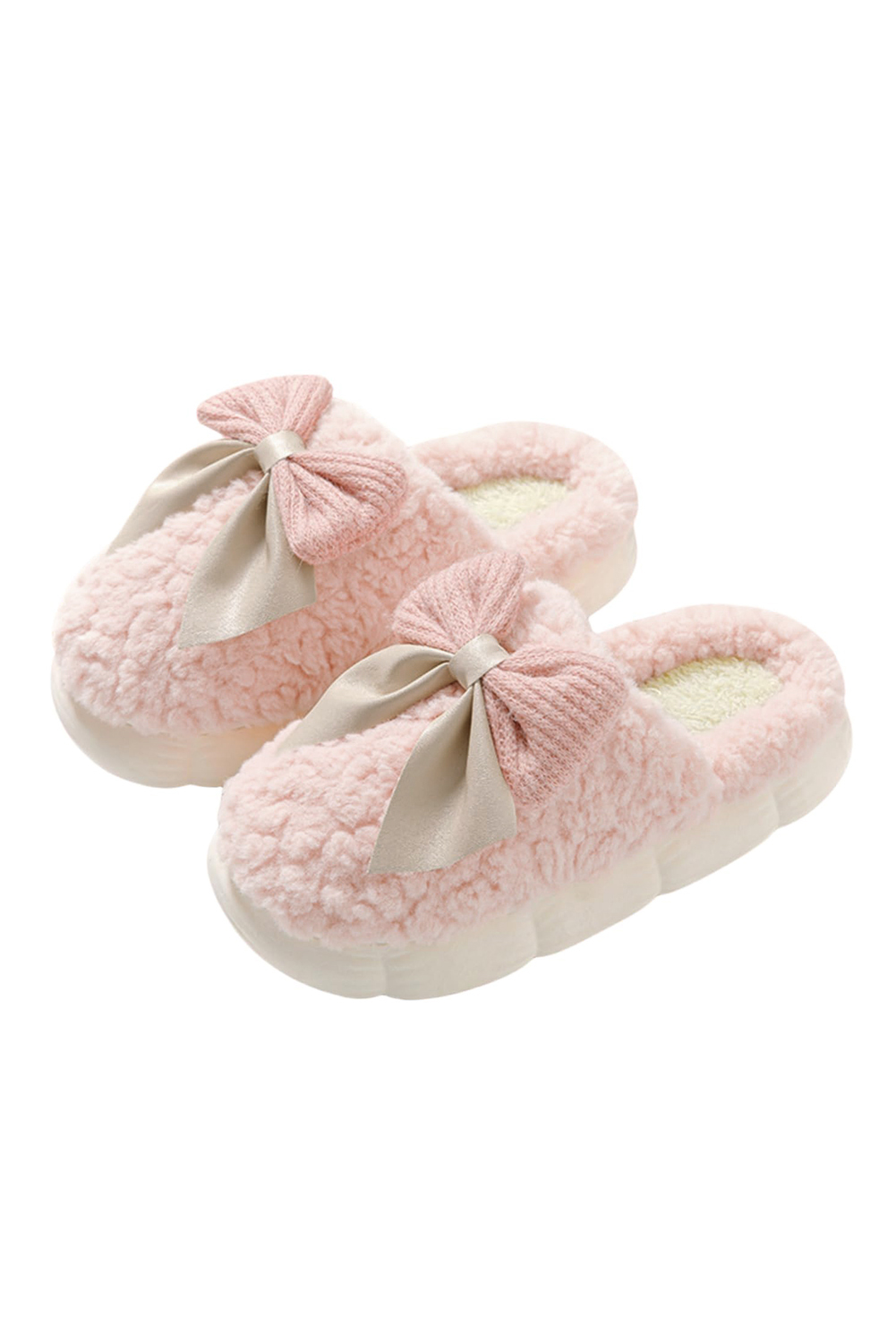 White Contrast Bowknot Applique Plush Winter Slippers (Colors May Differ by Batch) - loveforevers