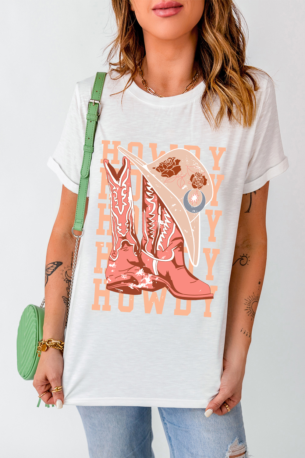 White HOWDY Cowboy Boots Graphic Crew Neck T Shirt - loveforevers