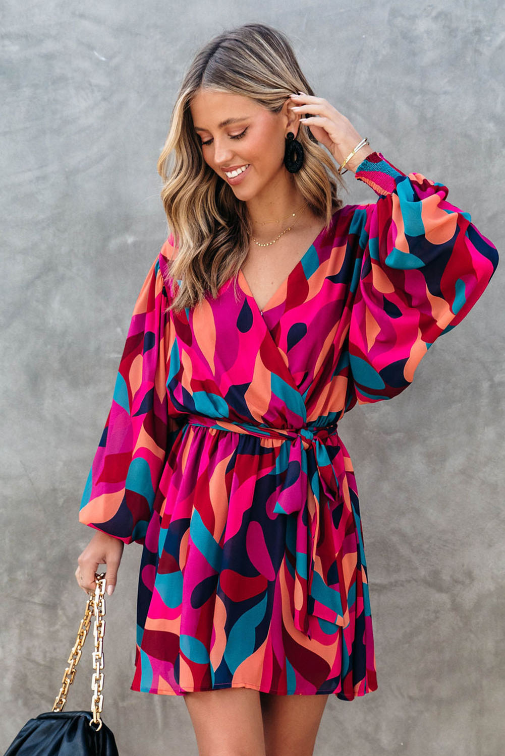 Fiery Red Abstract Printed Belted Puff Sleeve Mini Dress - loveforevers