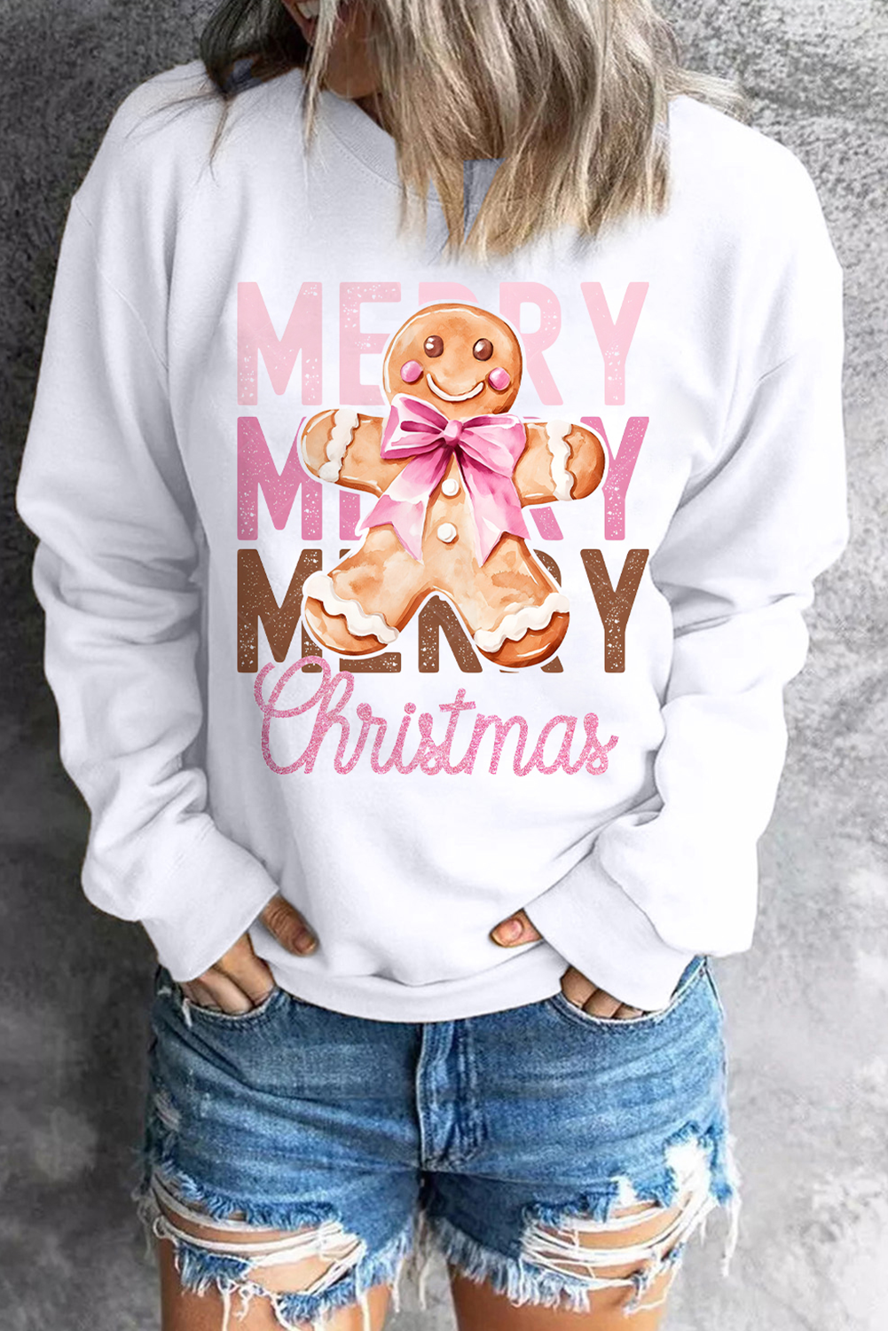 Beige Merry Christmas Gingerbread Man Graphic Sweatshirt - loveforevers