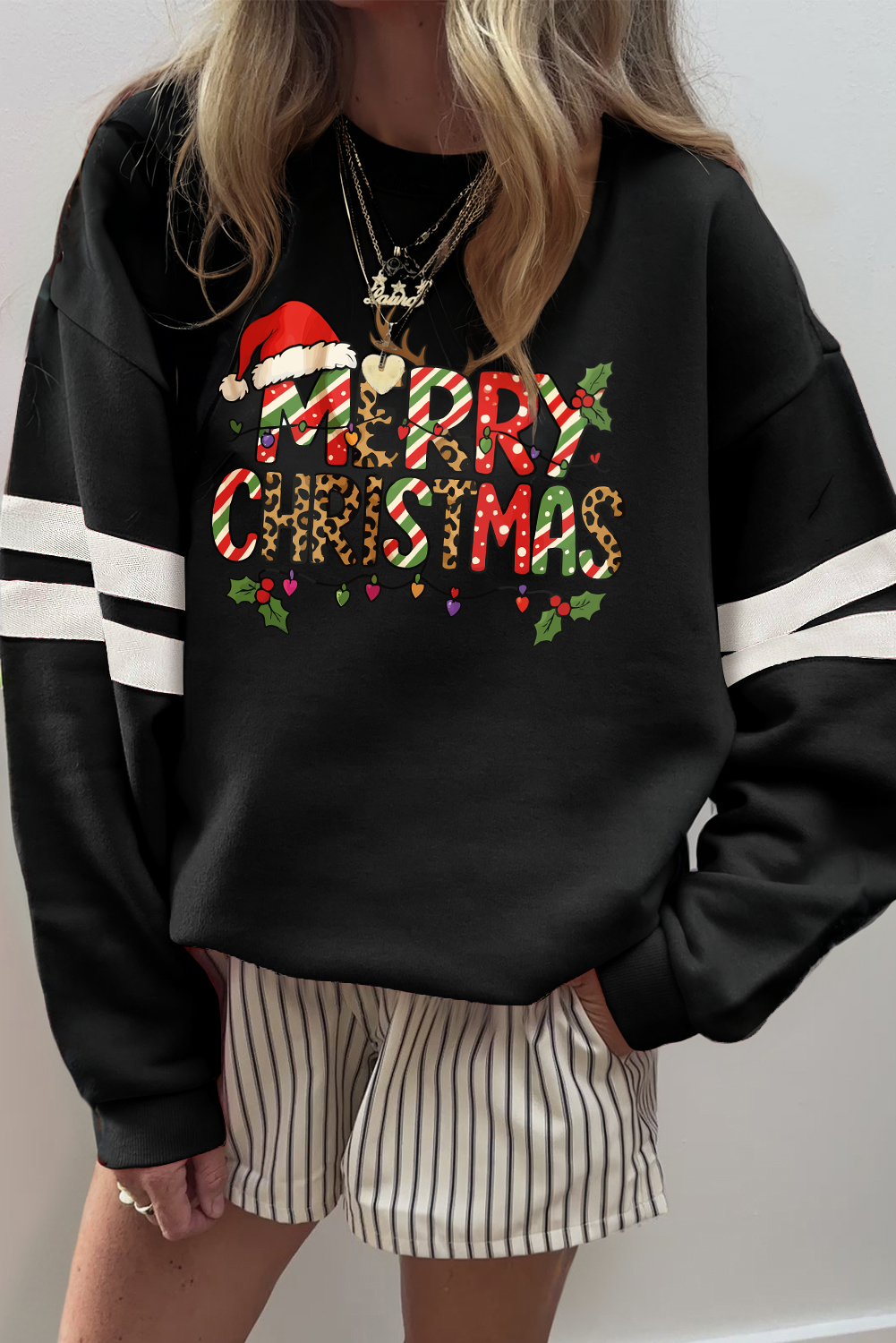 Black MERRY CHRISTMAS Trendy Print Varsity Sweatshirt - loveforevers