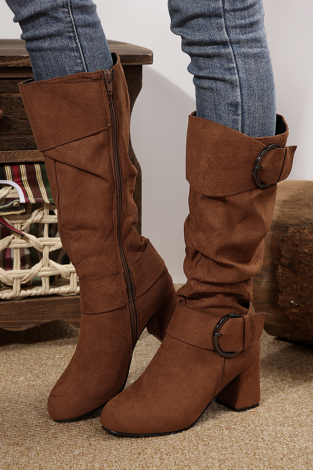 Coffee Suede Double Buckled Side Zipped Mid-calf Boots - loveforevers