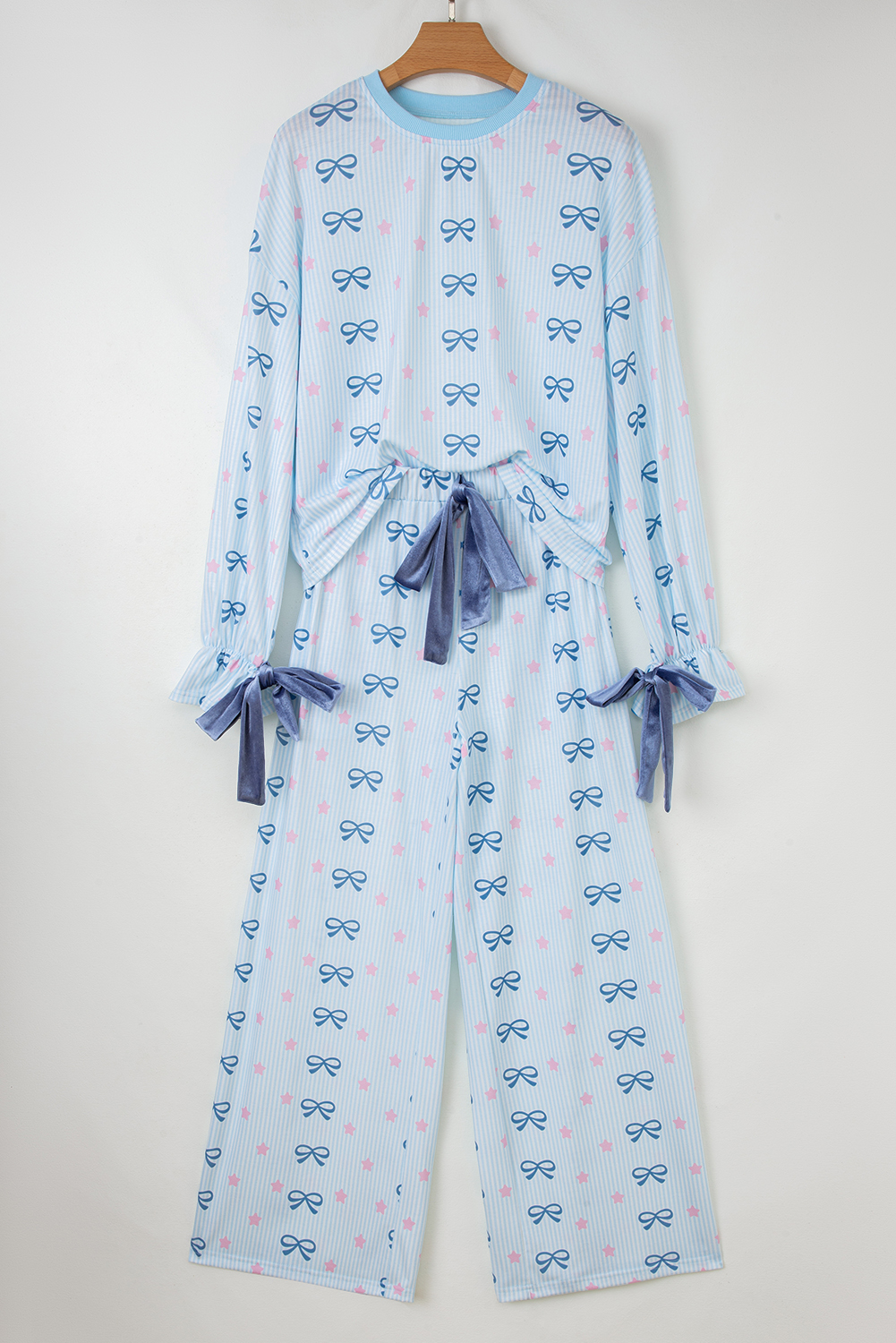 Sky Blue Stripe Bow Star Print Tied Detail 2pcs Lounge Set - loveforevers