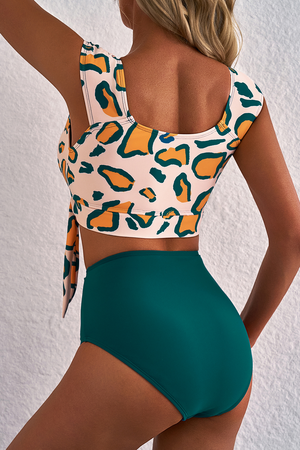 Green Leopard Print U Neck Knotted High Waist Bikini Set - loveforevers