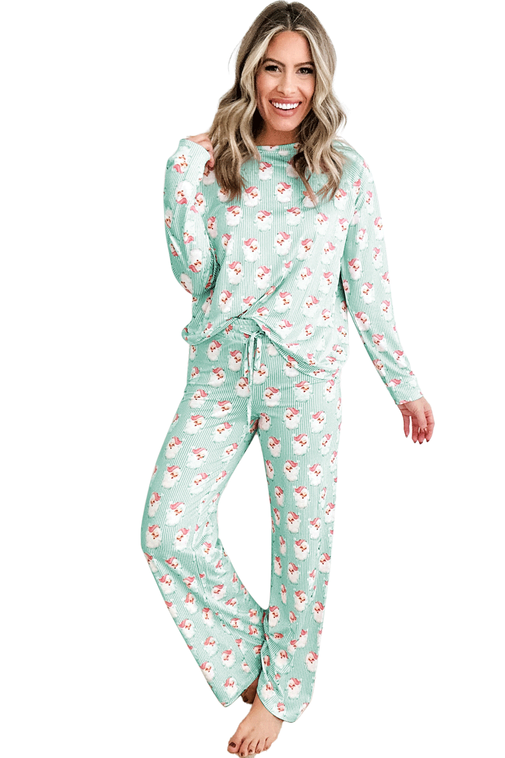 Green Santa Claus Striped Print Loose Fit Two Piece Lounge Set - loveforevers