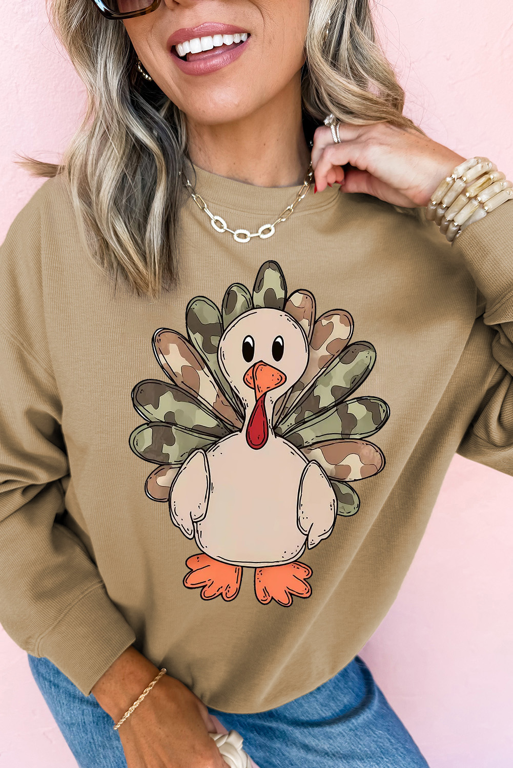 Khaki Camouflage Turkey Print Thanksgiving Fashion Graphic Sweatshirt - loveforevers
