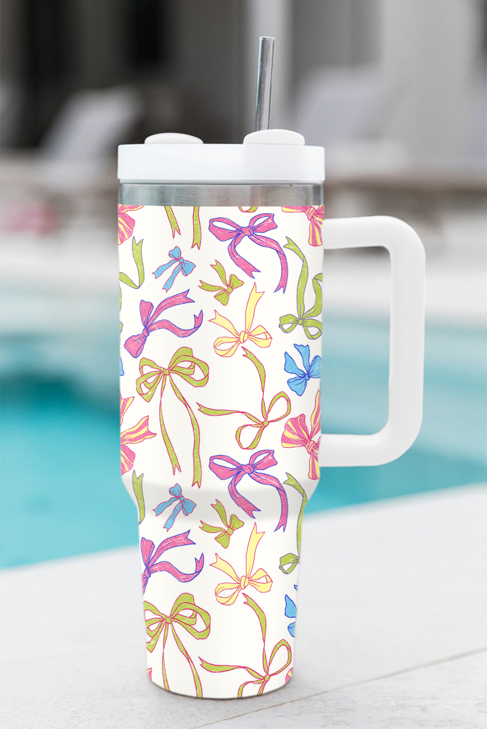 White Bow Knot Print Large Stainless Steel Vacuum Cup 40oz - loveforevers