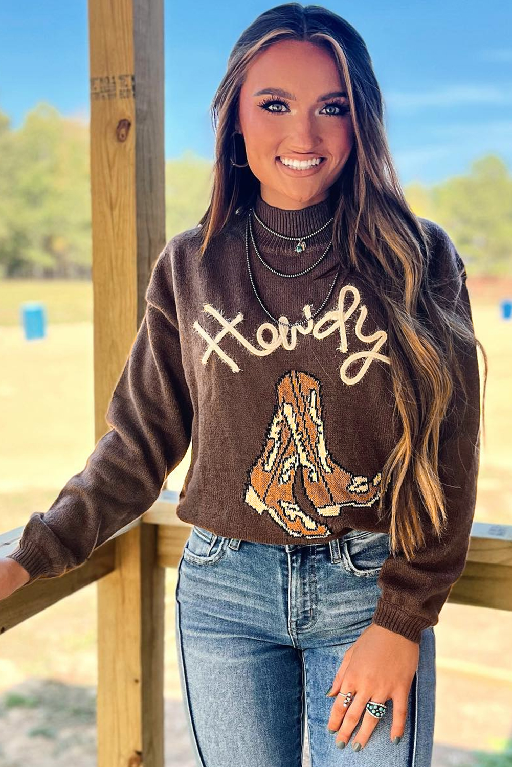 Coffee Western Howdy Boot Graphic High Neck Sweater - loveforevers