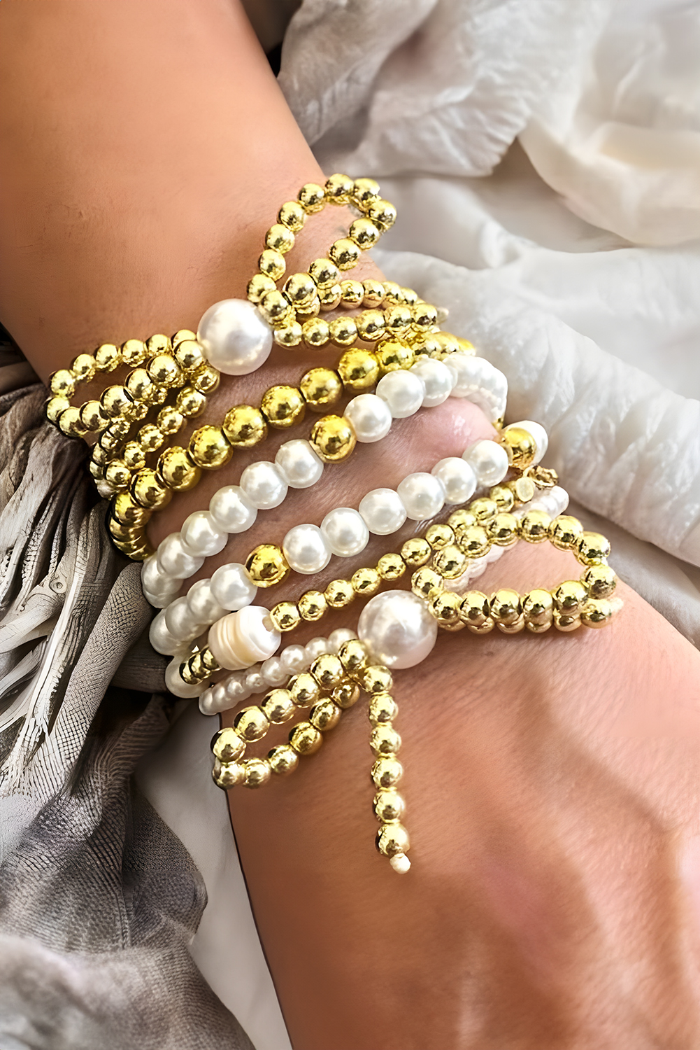Gold Plated Alloy Pearl Beading Bow Multi-layer Bracelet - loveforevers