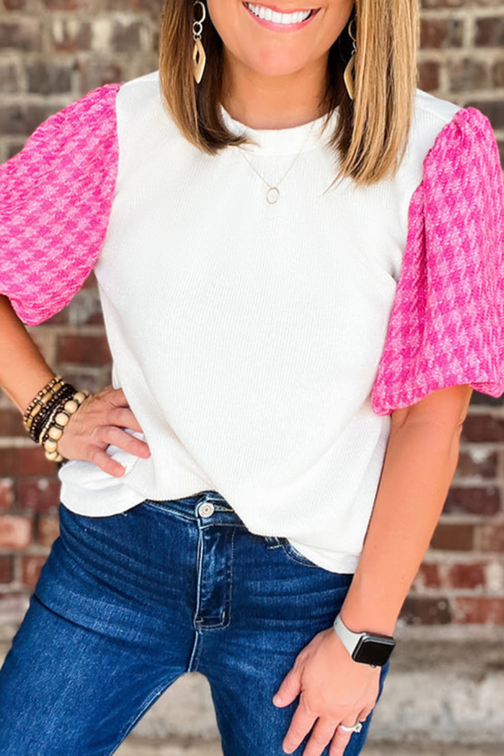 White Contrast Tweed Puff Sleeve Top - loveforevers