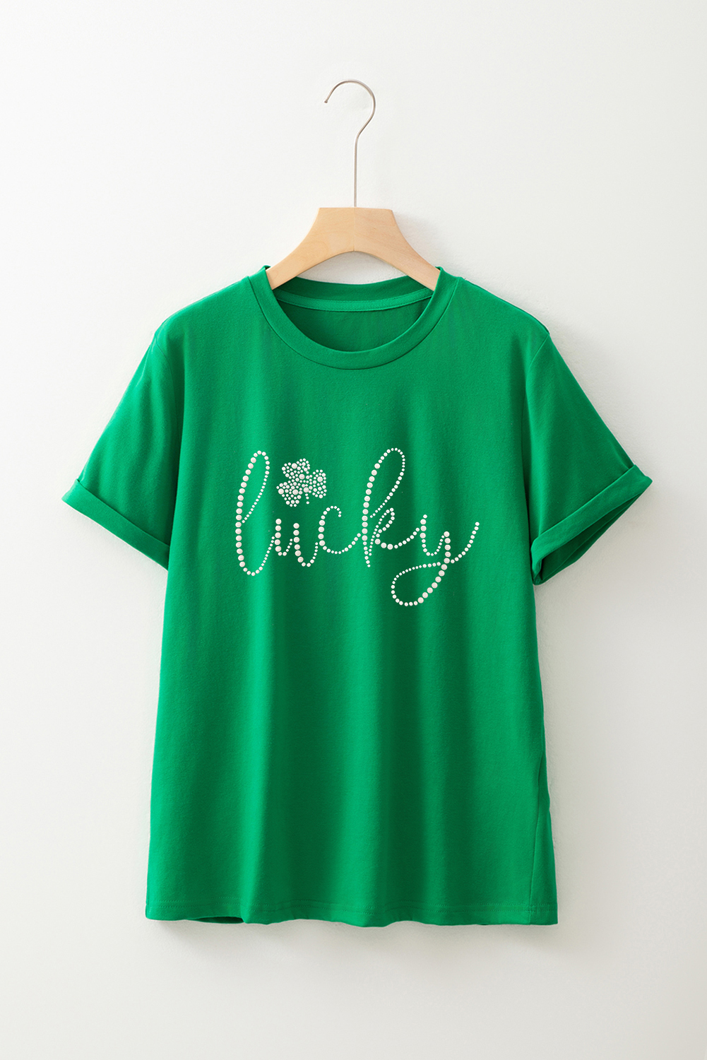 Bright Green Ceramic Rhinestone Lucky Clover Graphic Tee - loveforevers