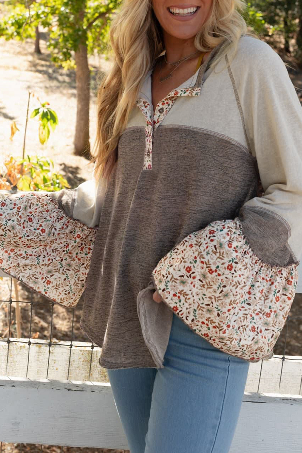 Goat Colorblock Floral Patchwork Flared Sleeve Buttons Henley Top - loveforevers