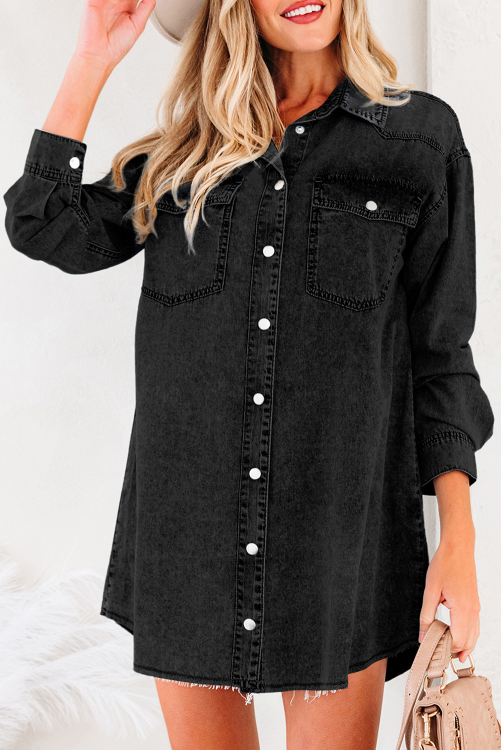 Blue Beau Chest Pocket Raw Hem Denim Loose Shirt Dress - loveforevers