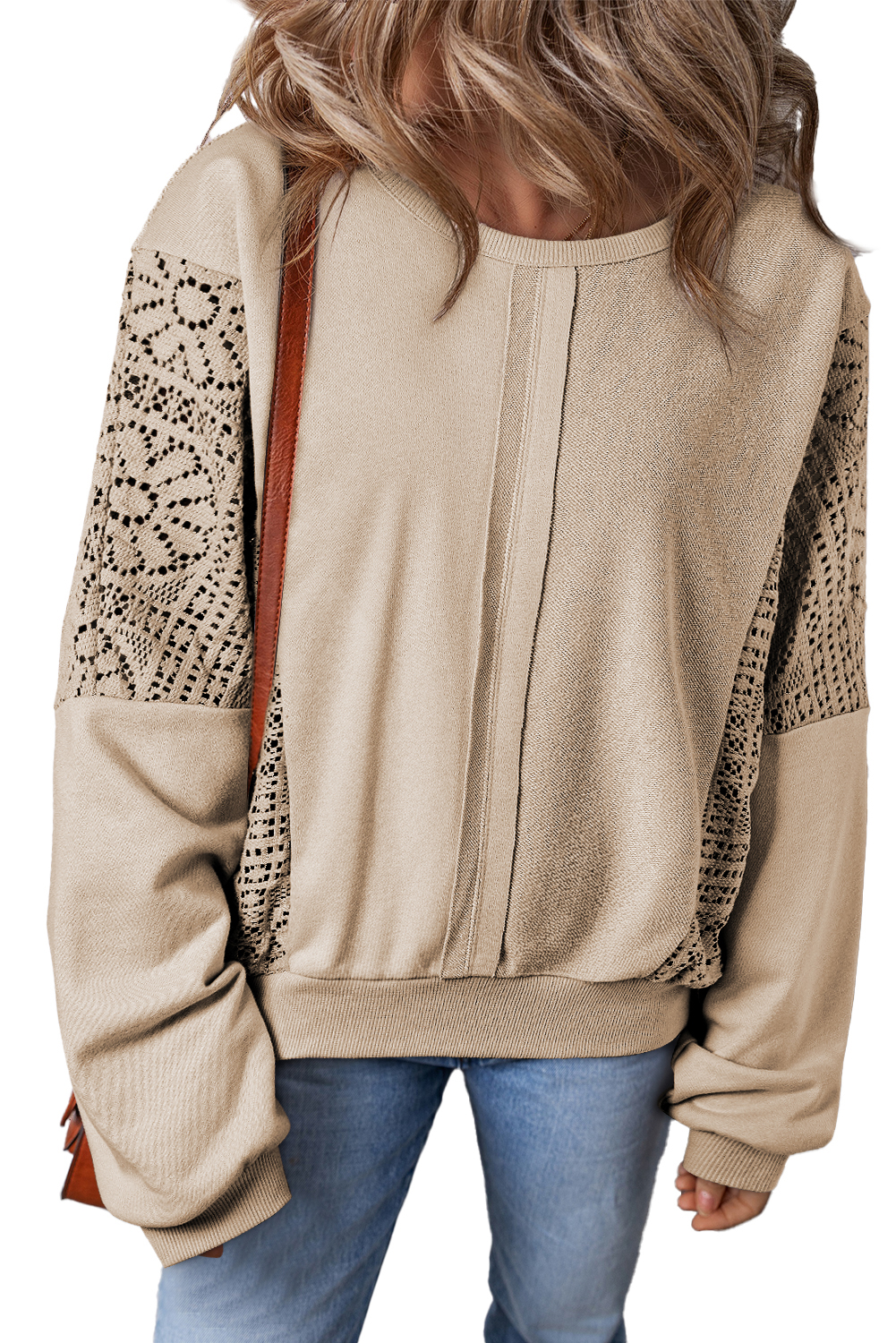 Parchment Knit Crochet Exposed Seam Ribbed Trim Sweatshirt - loveforevers