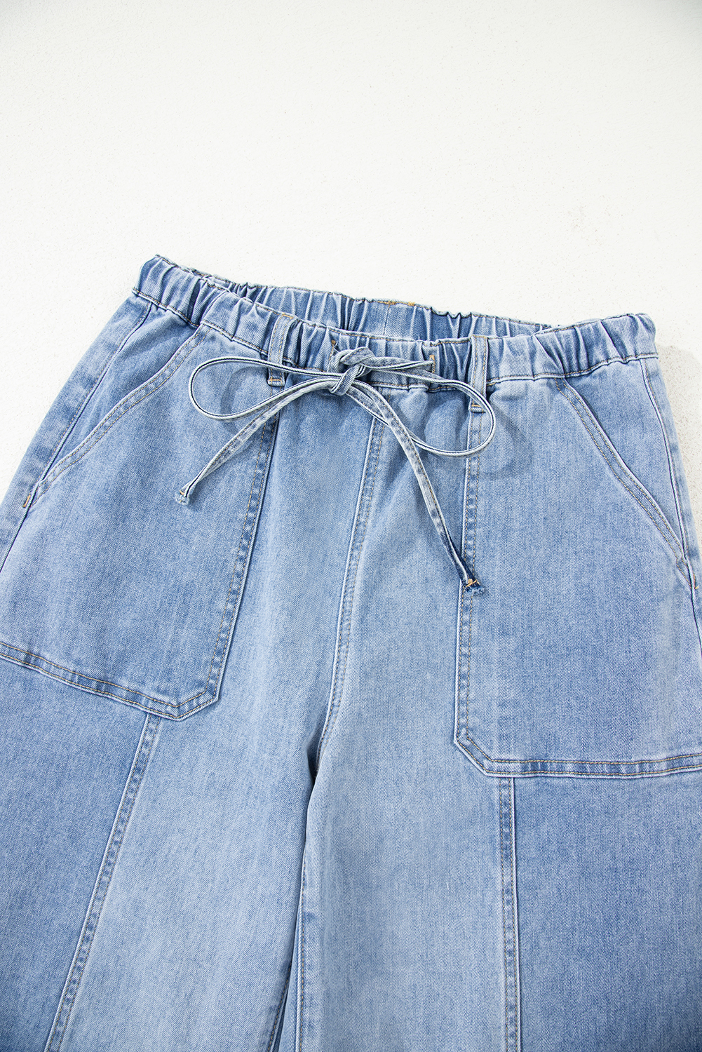 Beau Blue Drawstring Seam Detail Raw Hem Wide Leg Denim Pants - loveforevers
