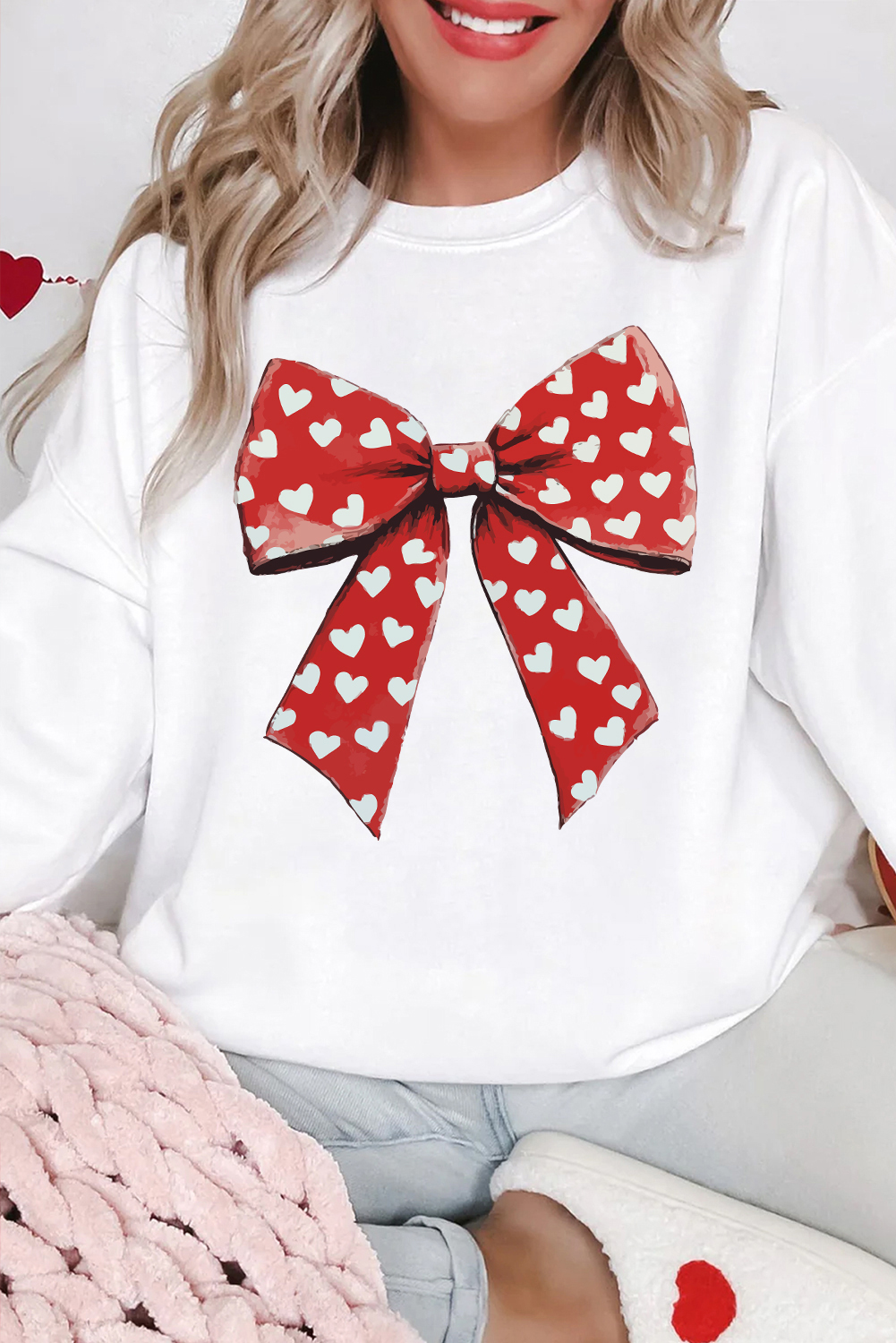 White Heart Bow Printed Round Neck Valentines Pullover Sweatshirt - loveforevers