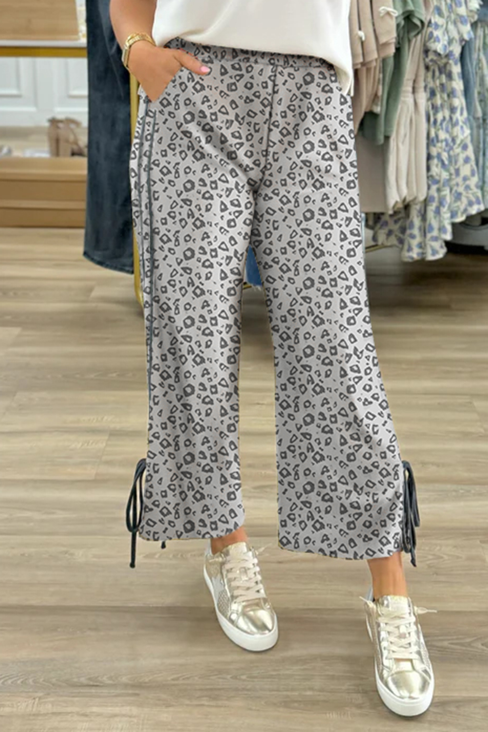 Gray Leopard High Waist Side Bow Straight Leg - loveforevers