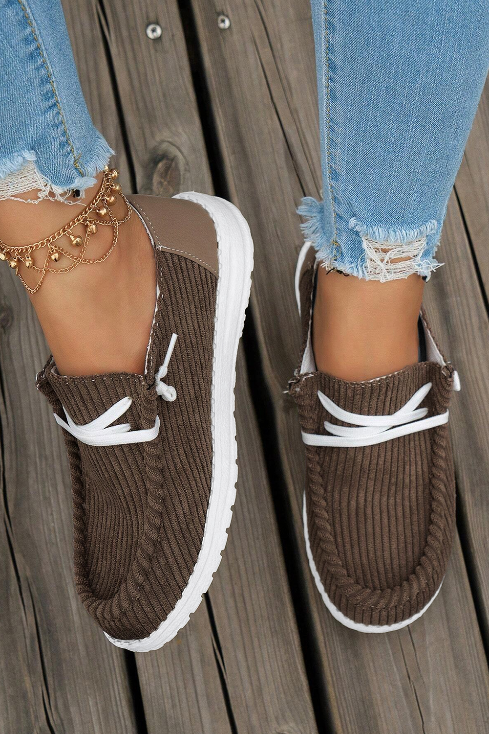 Coffee Solid Ribbed Criss Cross Slip On Casual Shoes - loveforevers
