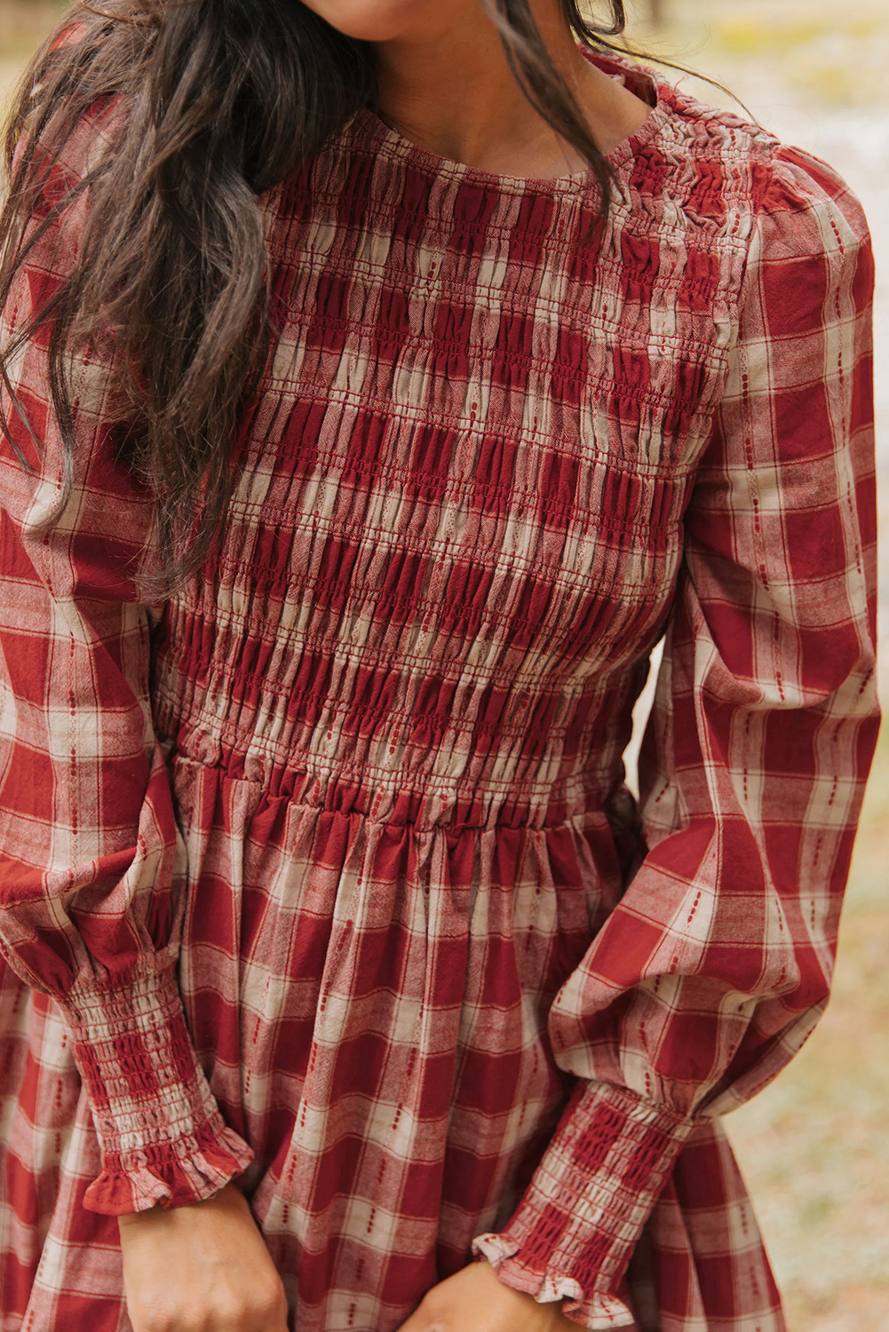 Red Plaid Print Smocked Puff Sleeve Mini Dress - loveforevers