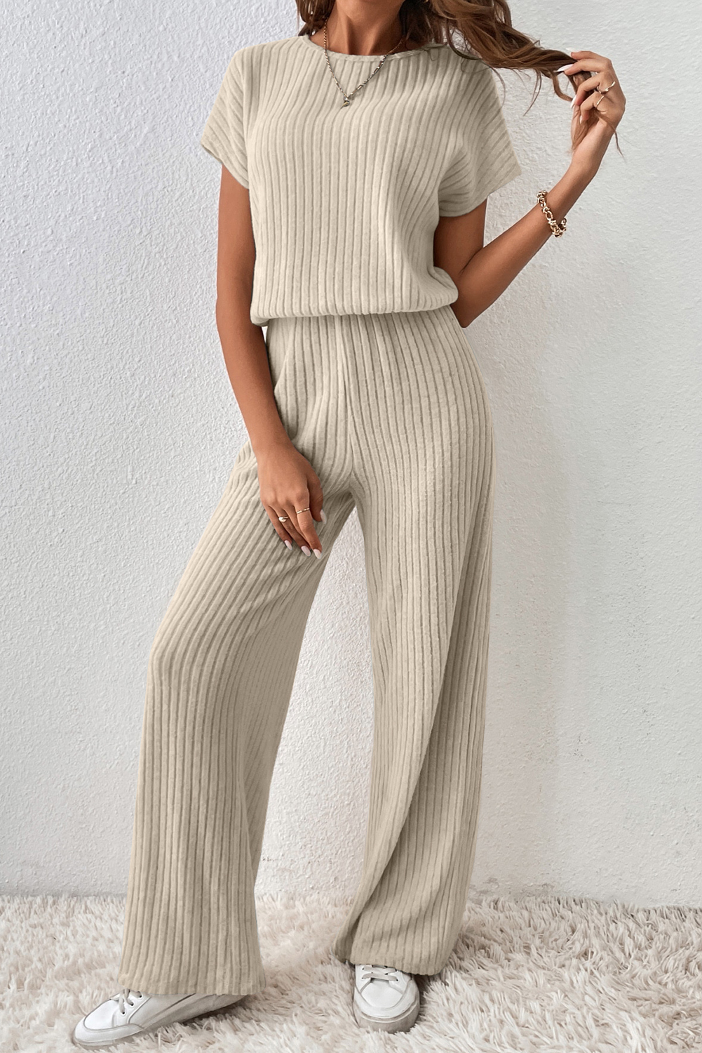 Oatmeal Ribbed Keyhole Short Sleeve Wide Leg Jumpsuit - loveforevers