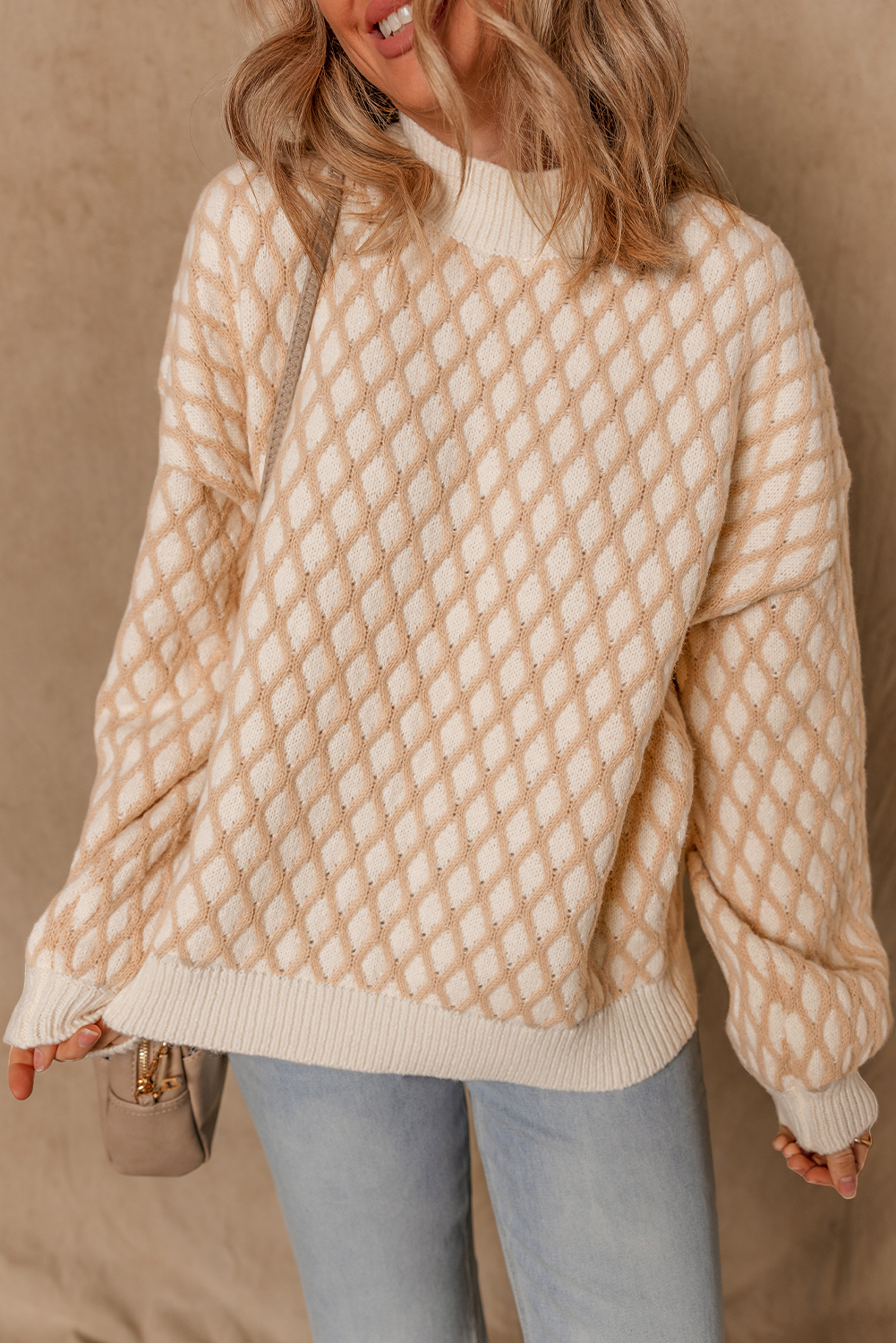Smoke Gray Rhombus Textured Knit Mock Neck Sweater - loveforevers