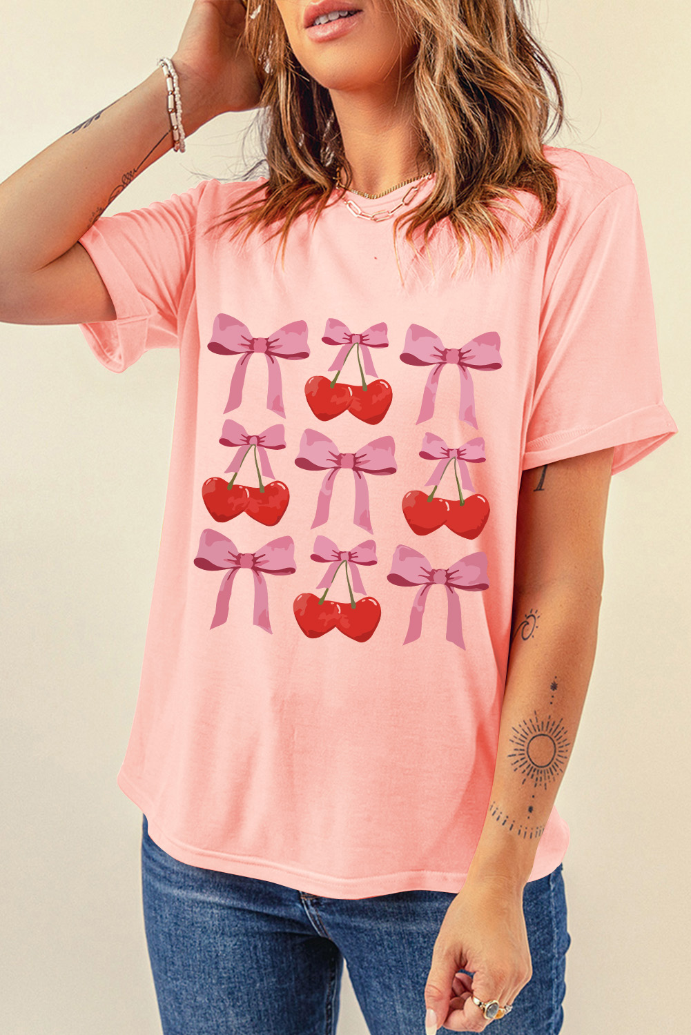 Pink Bow Cherry Print Crew Neck Casual T Shirt - loveforevers