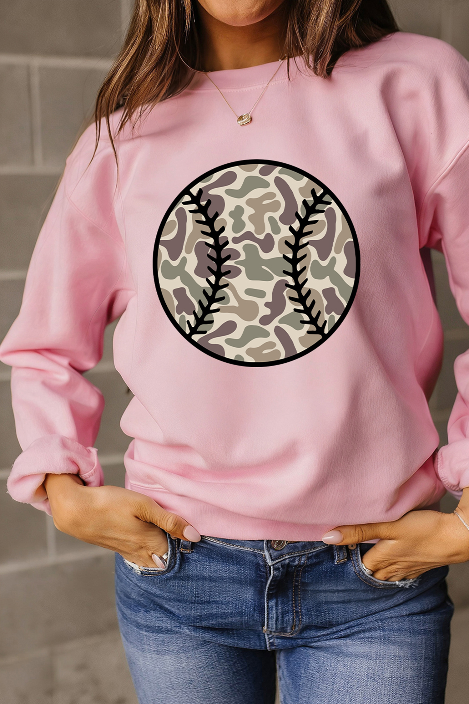 Pink Camouflage Baseball Dropped Shoulder Sweatshirt - loveforevers