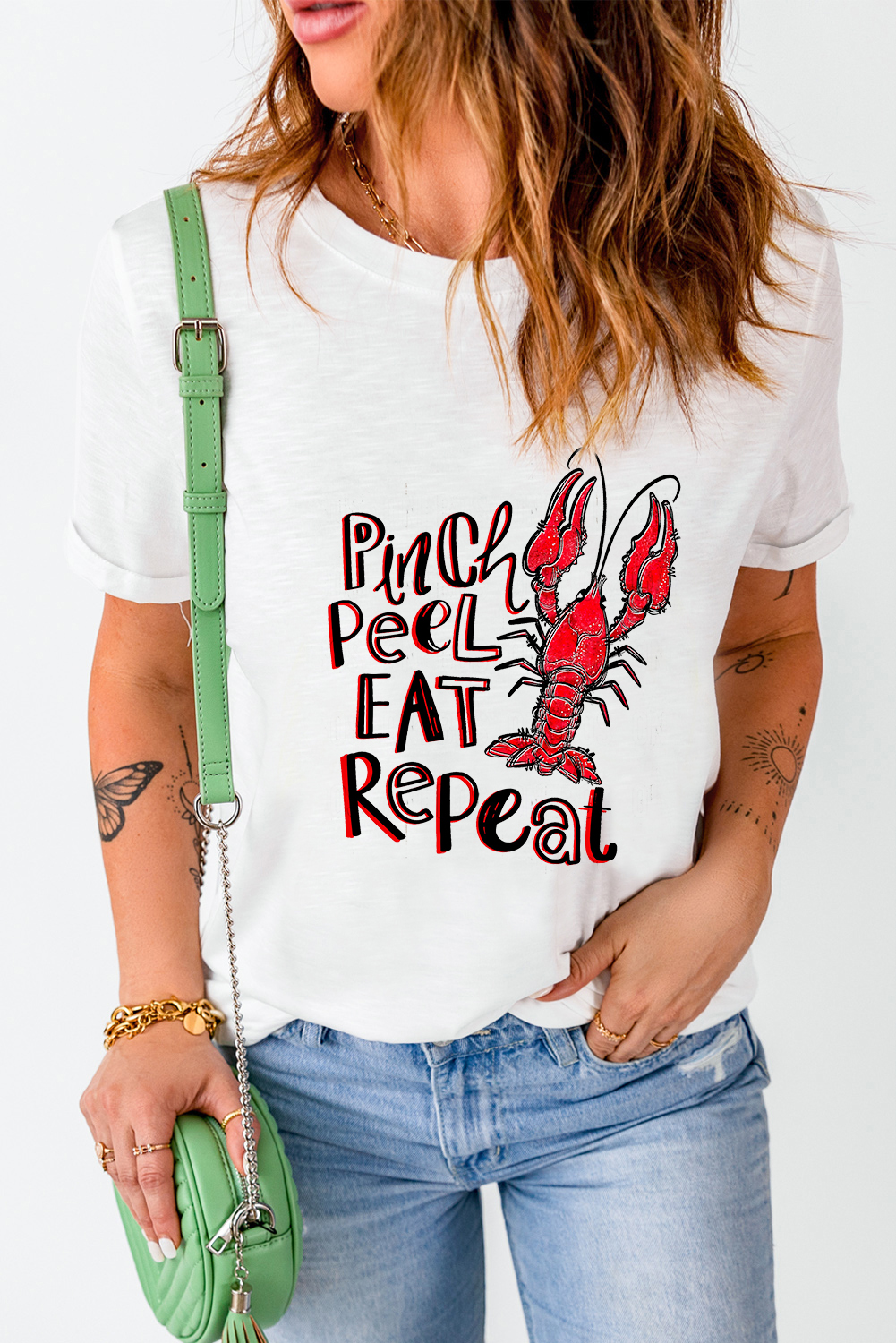 White Pinch Peel Eat Repeat Crawfish Print Crew Neck Tee - loveforevers