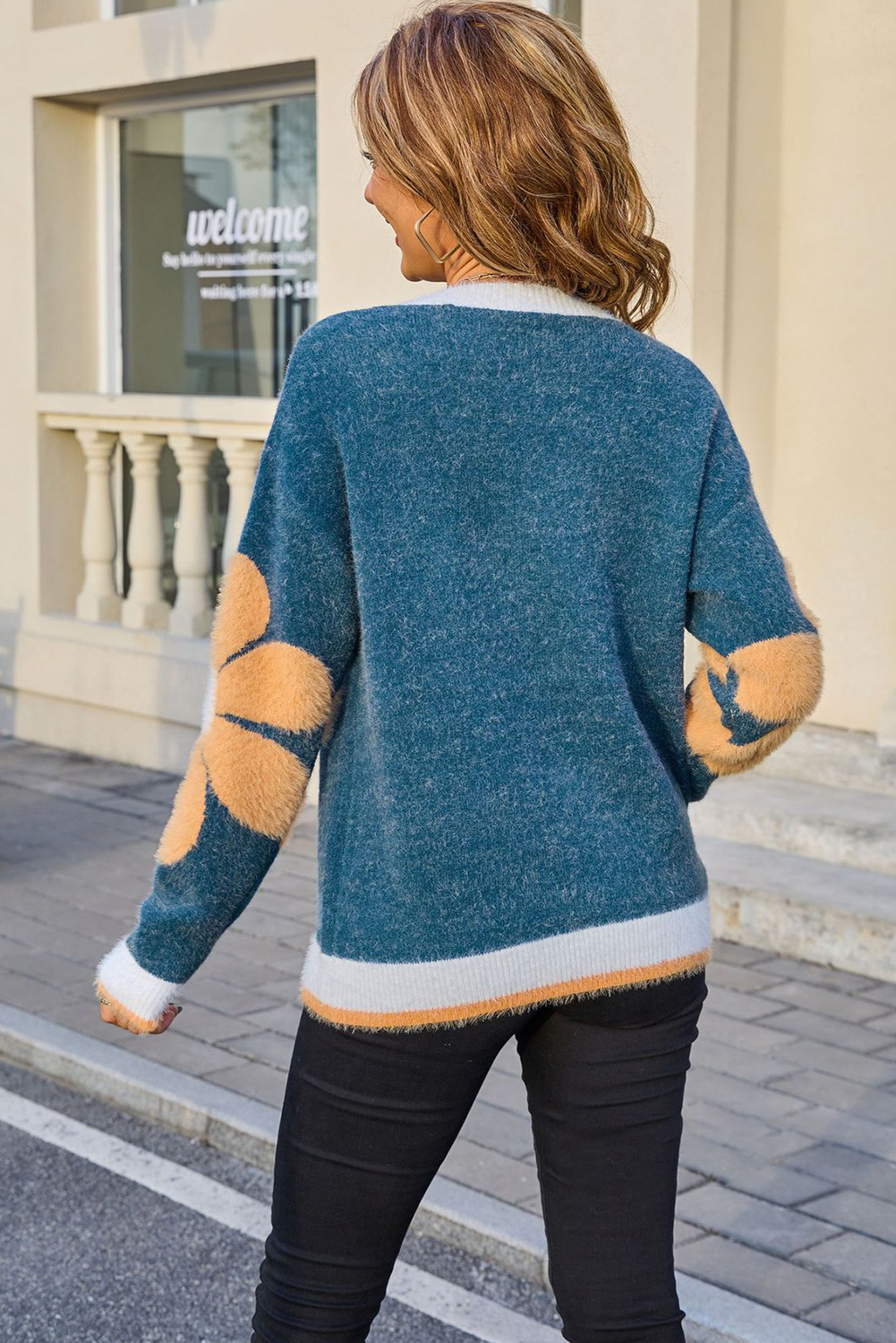Sail Blue Plush Flower Pattern Ribbed Detail Cozy Sweater - loveforevers