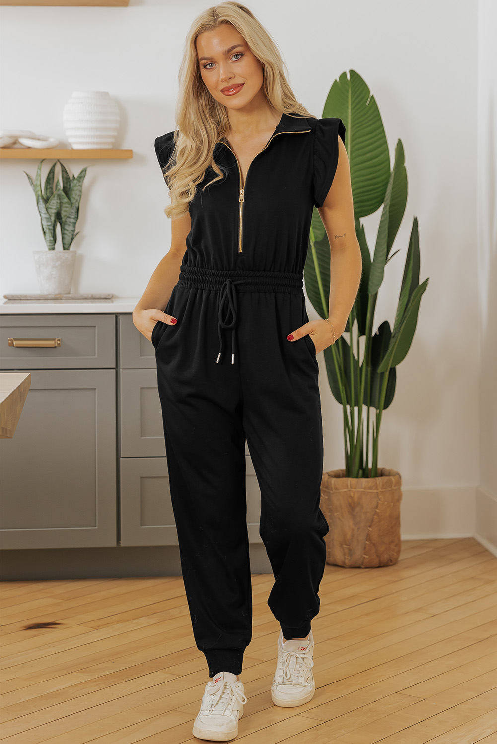 Black Zipper Flutter Sleeve Drawstring Elastic Waistband Jumpsuit - loveforevers