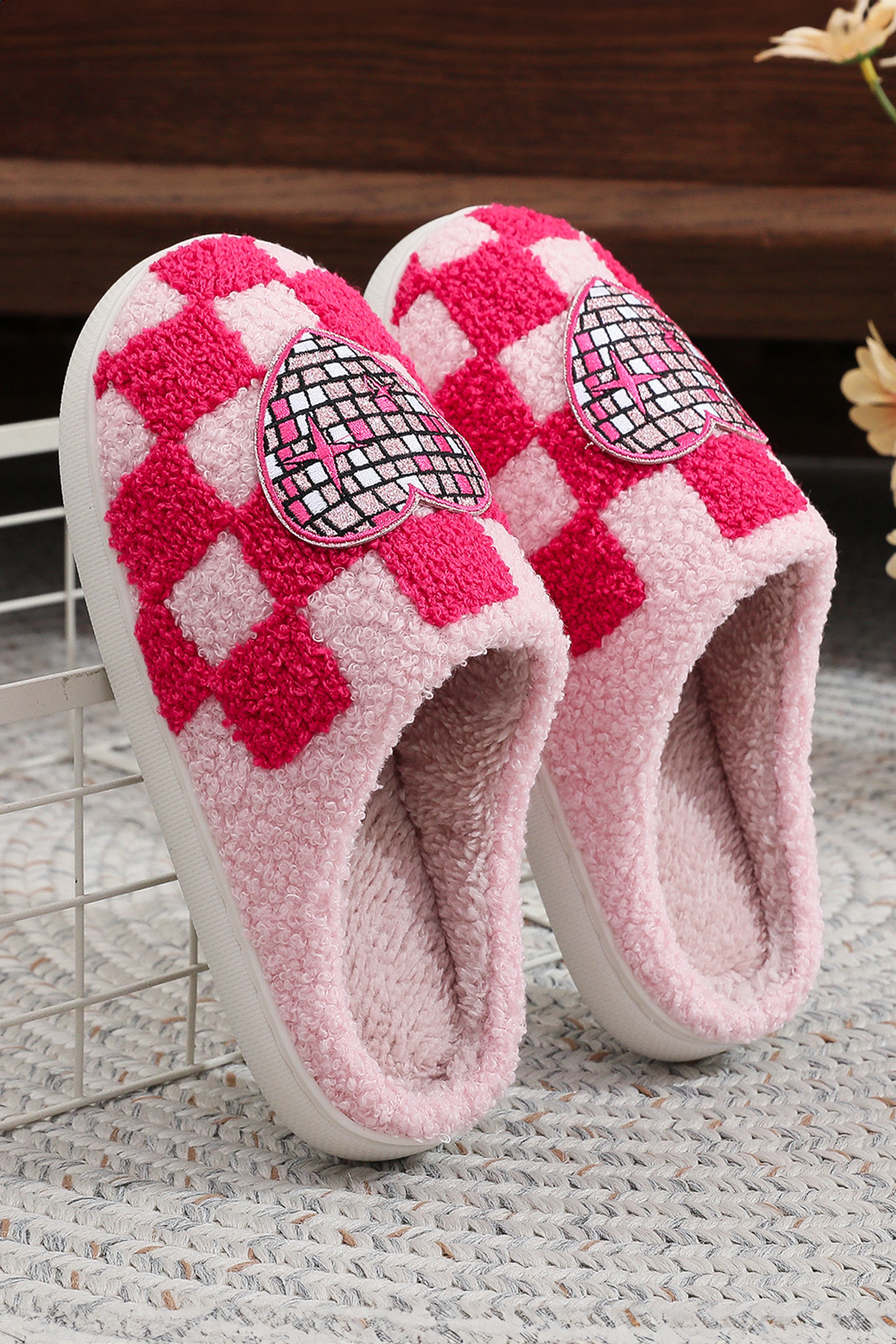 Fiery Red Disco Checkered Heart Plush Winter House Slippers - loveforevers