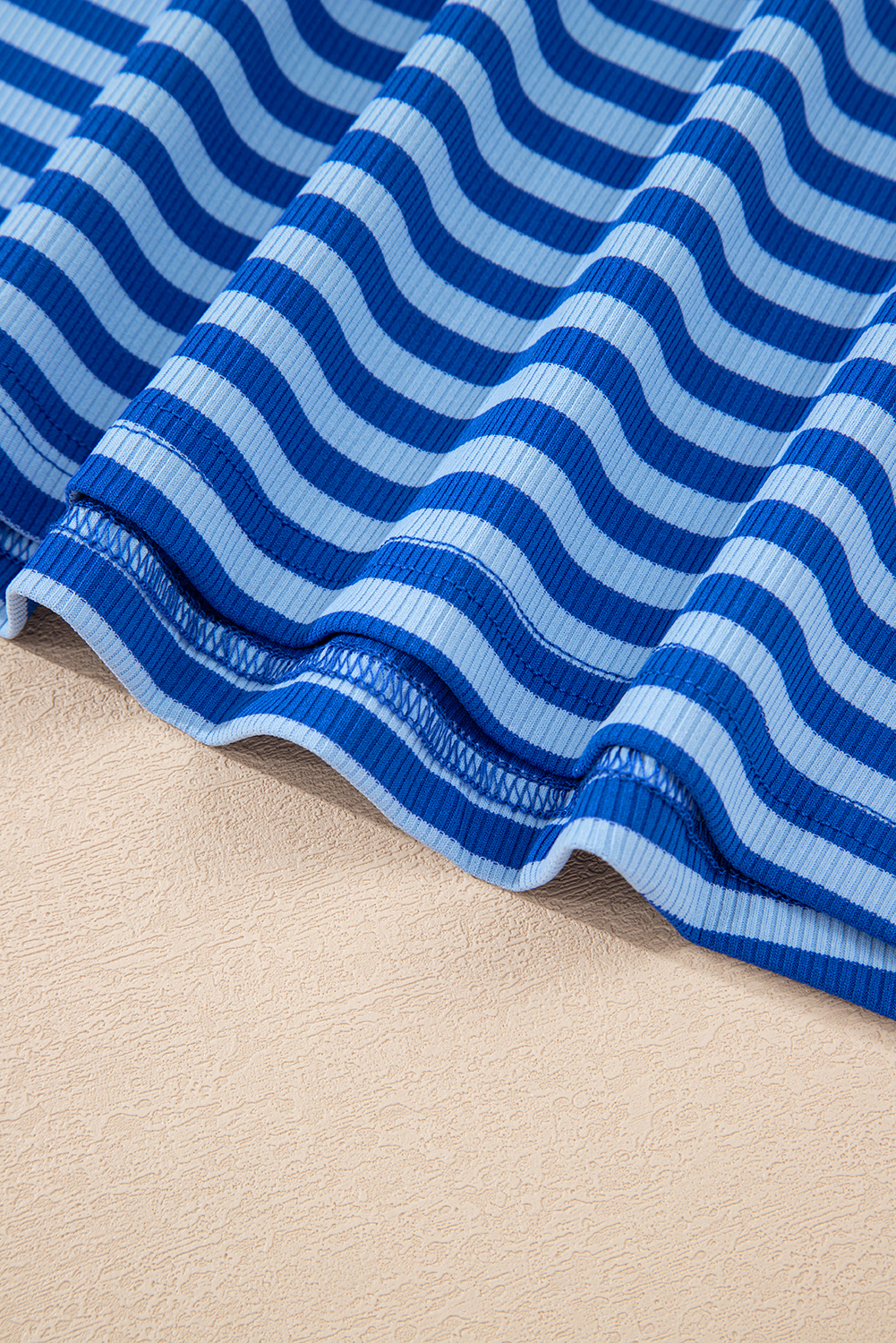 Sky Blue Stripe Ribbed Cap Sleeve Round Neck T Shirt - loveforevers