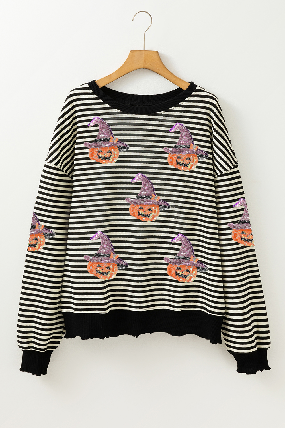 Black Stripe Halloween Pumpkin Shimmer Pattern Casual Top - loveforevers