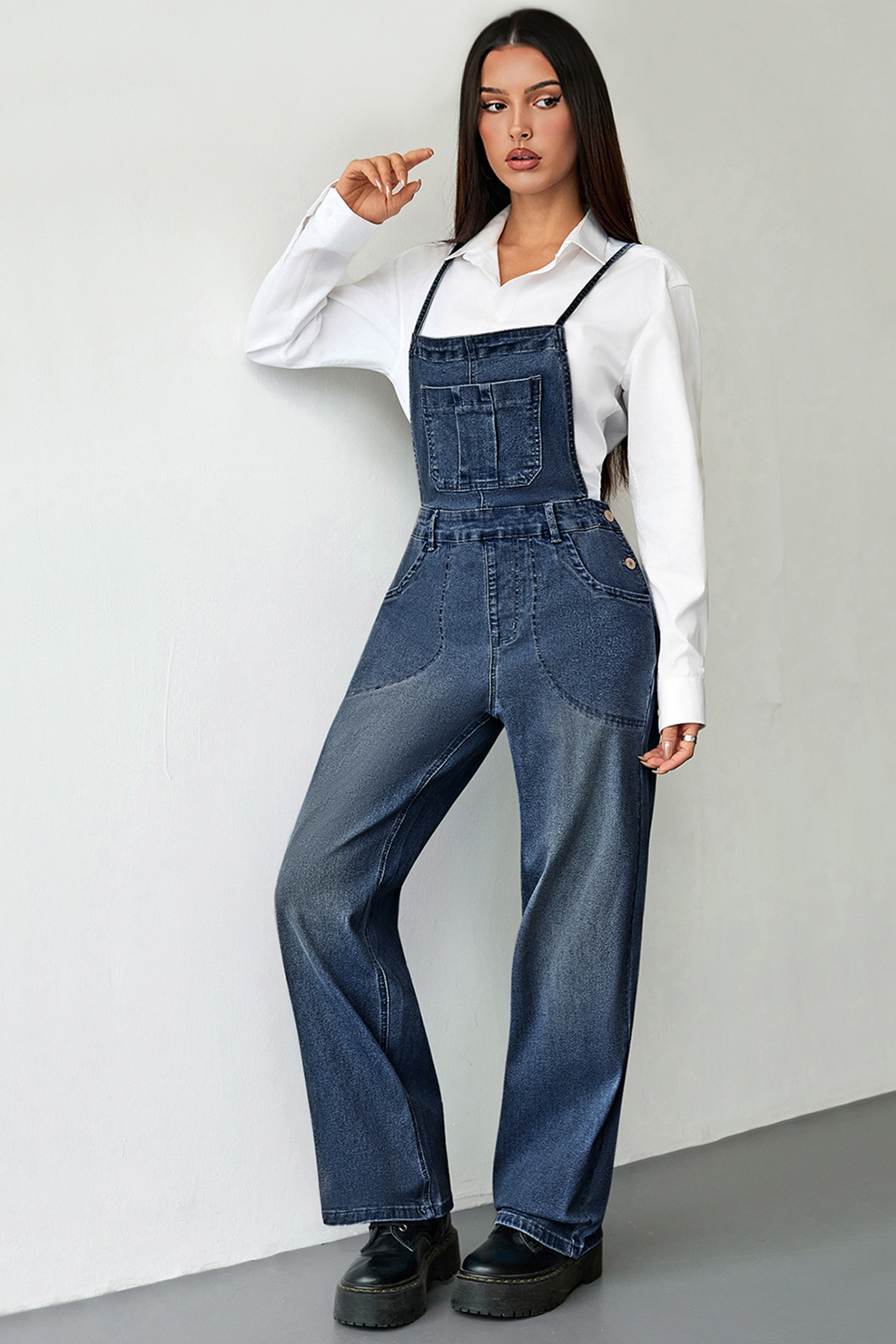 Dark Blue Crossed Tie Straps Bib Pocket Loose Denim Overalls - loveforevers
