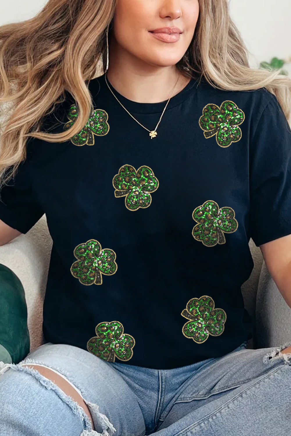 Black Sequin Leopard Clover Graphic Crewneck St Patrick Tee - loveforevers